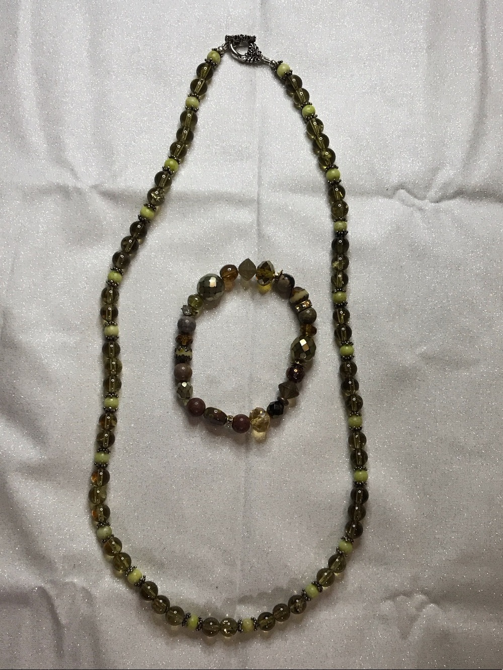 Yellow and Olive Beaded Necklace with Matching Bracelet - Women Jewelry